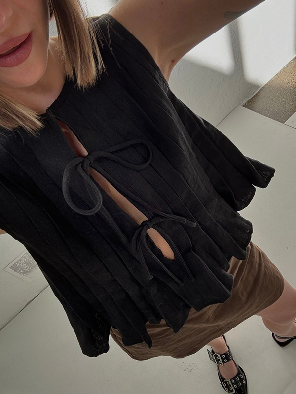 Tie strap cotton and linen vest-4