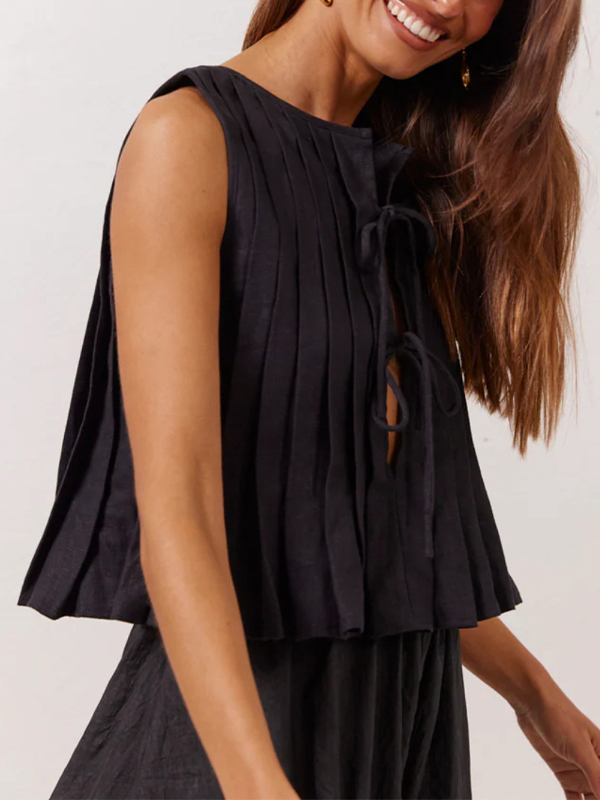 Tie strap cotton and linen vest-3