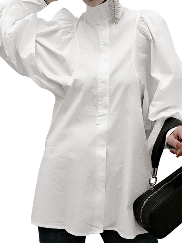 Plain Lantern Sleeve Loose Long Sleeves Shirts-2